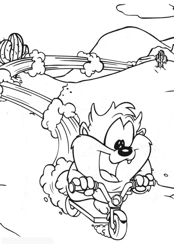 Baby Looney Tunes, : Baby Taz Playing Scooter in Baby Looney Tunes Coloring Page