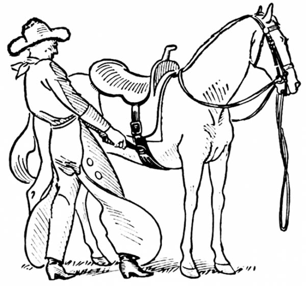 Cowgirl, : Cowgirl Putting Saddle to Her Horse Coloring Page