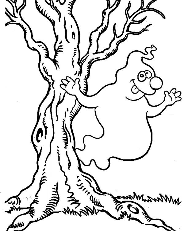 Ghost, : Cute Tree Ghost Coloring Page