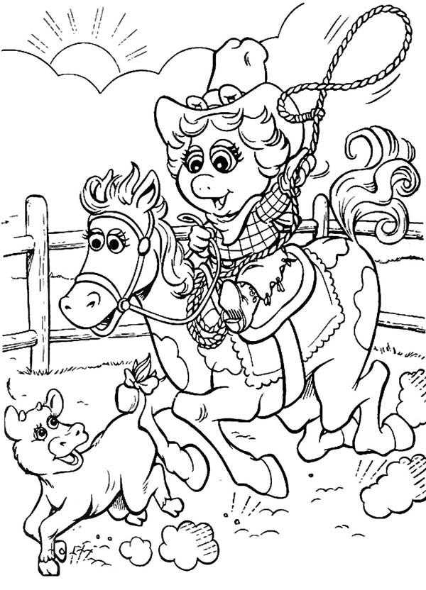 Cowgirl, : Funny Cowgirl Hut Down a Little Cow Picture Coloring Page