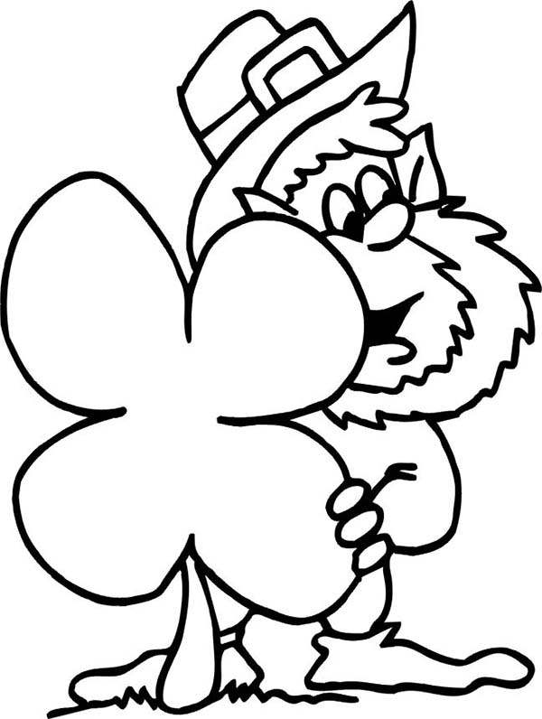 Leprechaun, : Funny Leprechaun Hidding Behind Giant Four-Leaf Clover Coloring Page