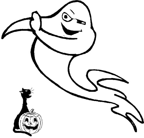 Ghost, : Ghost Flying Over a Cat and Pumpkin Coloring Page