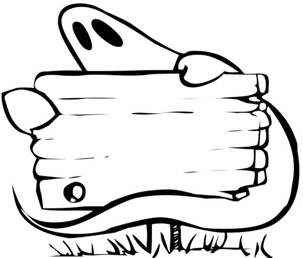 Ghost, : Ghost Hiding Behind Sign Board Coloring Page