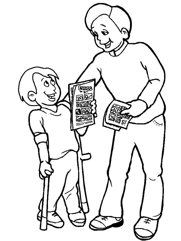 Disability, : Giving Comic Book a Boy with Disability Coloring Page