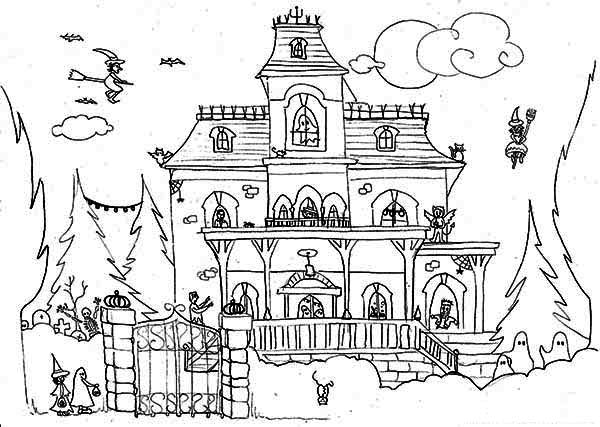 Haunted House, : Haunted House and Satanic Cat Coloring Page