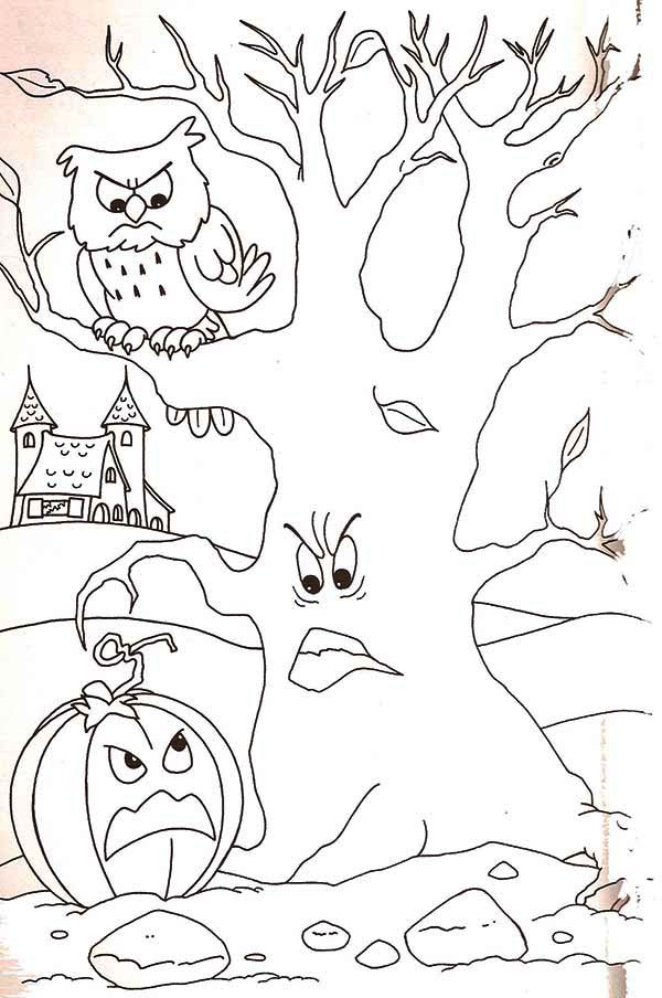 Haunted House, : Haunted House with Ghost Tree Coloring Page