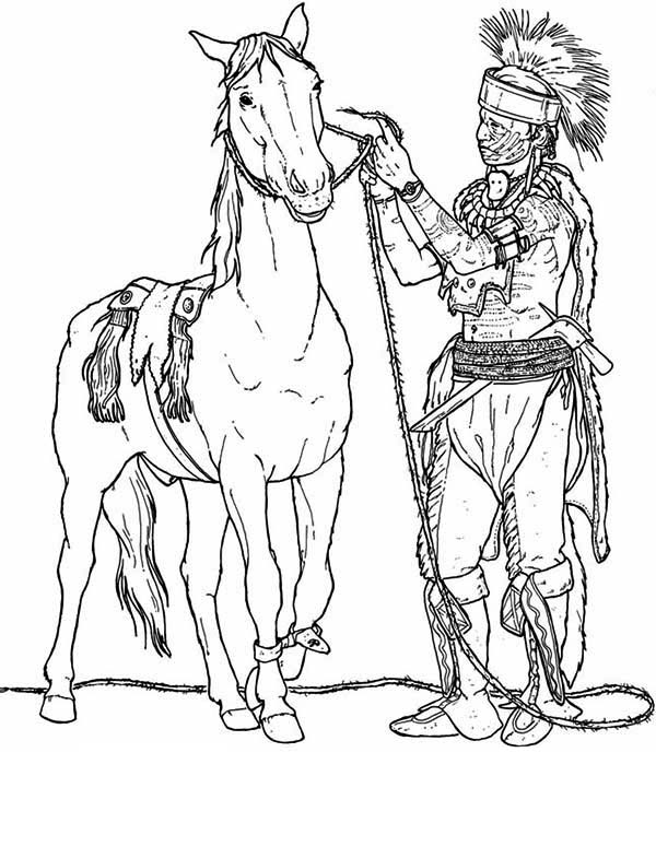 Native American, : Native American Preparing His Horse Coloring Page