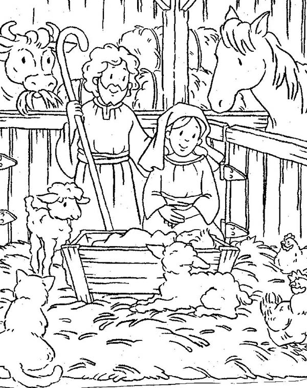 Baby Jesus, : Nativity of Baby Jesus in a Manger Coloring Page