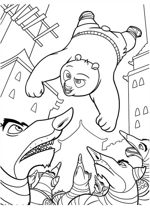 Kung Fu Panda, : Po Attacking Enemy from Above in Kung Fu Panda Coloring Page