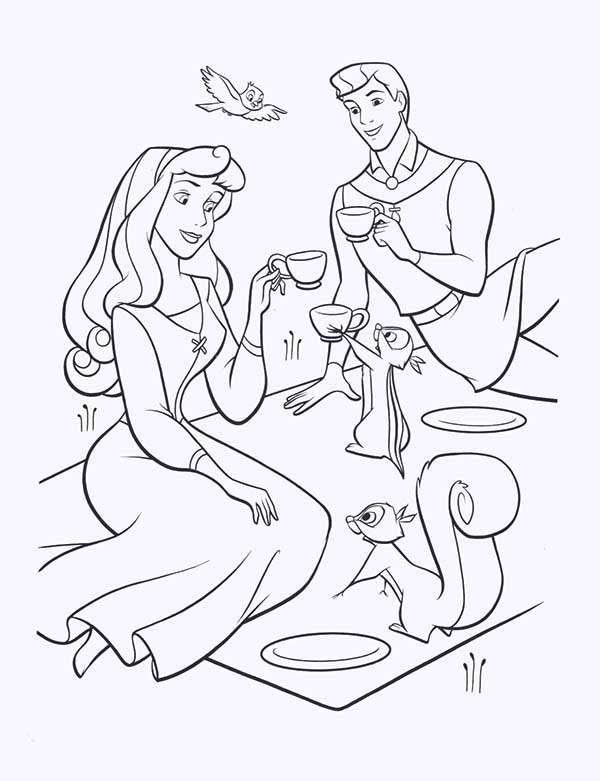 Princess Aurora, : Princess Aurora and Prince Phillip on a Picnic with Her Animal Best Friends Coloring Page
