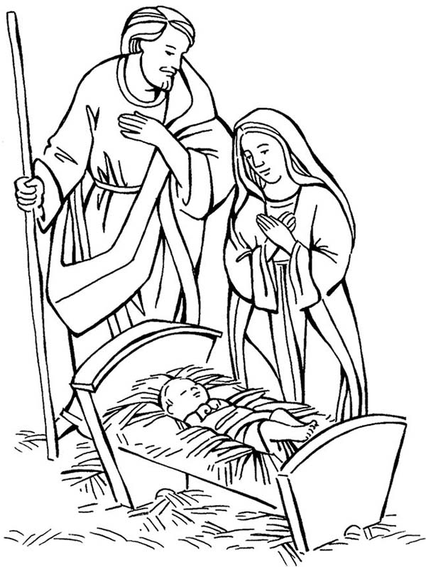 Baby Jesus, : Shepherd and Mary Adore Baby Jesus Coloring Page