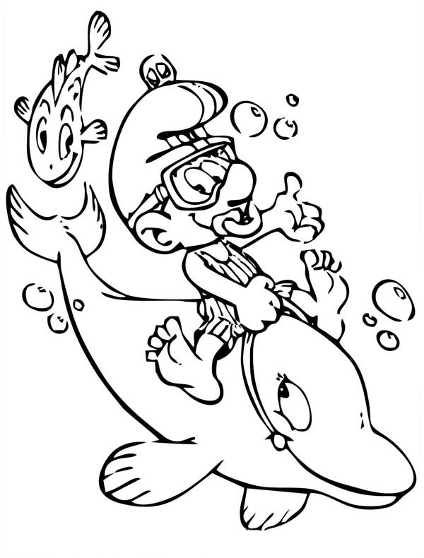 The Smurf, : Smurf Riding Flipper in The Smurf Coloring Page