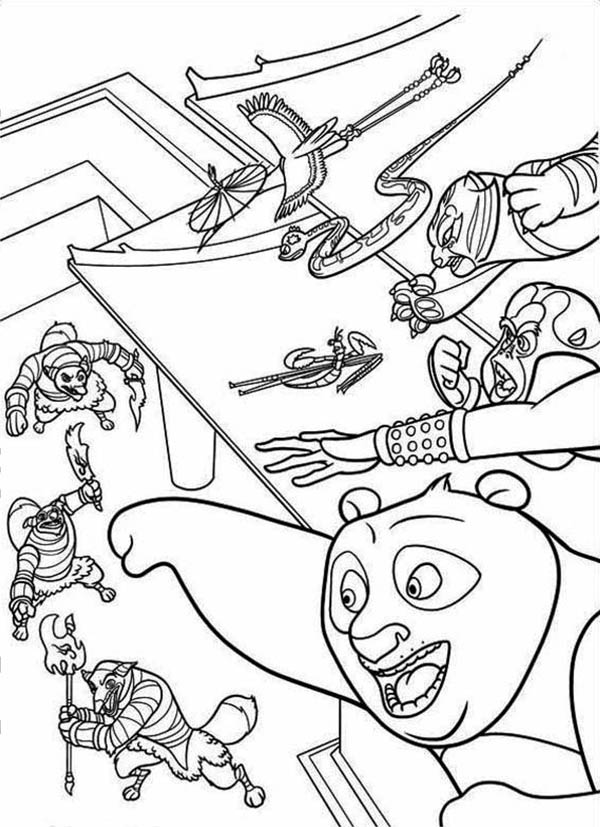 Kung Fu Panda, : The Dragon Warrior and The Furious Five Attacking the Enemy in Kung Fu Panda Coloring Page