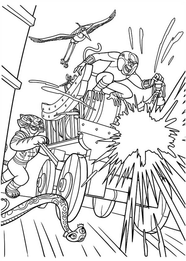 Kung Fu Panda, : The Furious Five Attacking Using Canon to Attack the Enemy in Kung Fu Panda Coloring Page