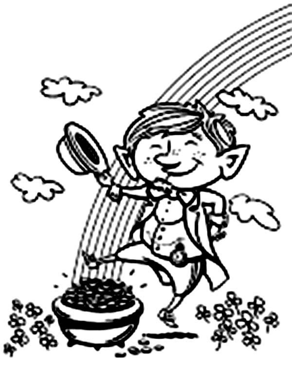 Leprechaun, : This Little Leprechaun is Happy to Find a Pot of Gold Coloring Page