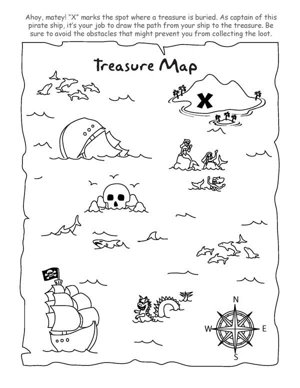Treasure Map, : Treasure Map for Buried Treasure Coloring Page