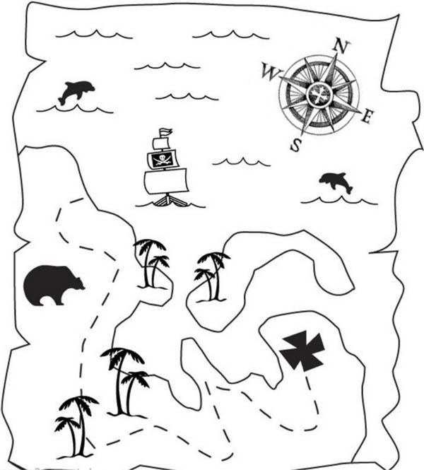 Treasure Map, : Treasure Map of Great Pirate Treasure Coloring Page