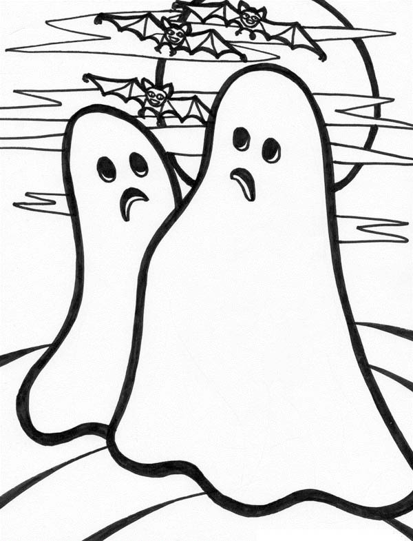Ghost, : Two Hideous Ghost and a School of Bat Coloring Page
