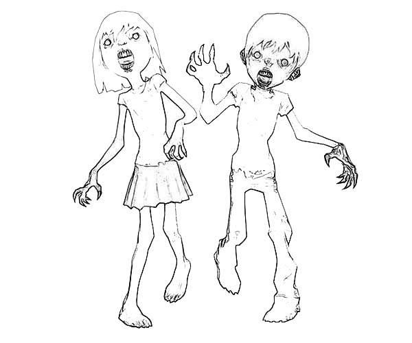 Zombie, : Two Zombie Kid Coloring Page