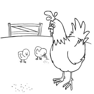 Baby Chick, Baby Chick Eating With Their Mother Coloring Page: Baby Chick Eating with Their Mother Coloring Page