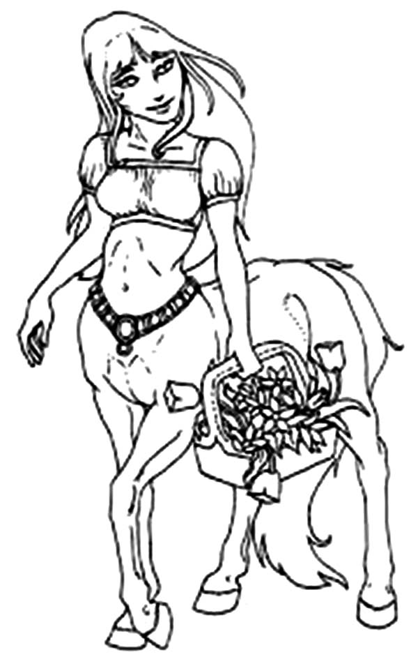 Centaur, : Centaur Lady Holding Bouquet of Flower Coloring Page