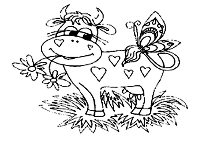 Cow, Cow Eating Flower With Butterfly Coloring Page: Cow Eating Flower With Butterfly Coloring PageFull Size Image