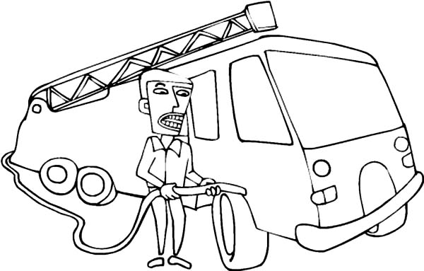 Fireman, : Fire Car and Fireman Coloring Page