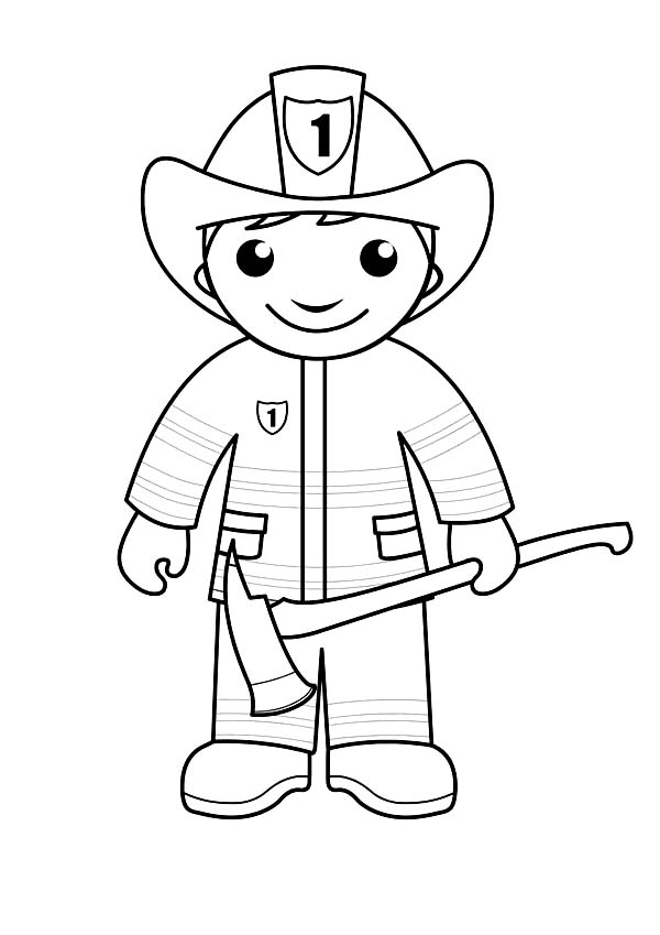 Fireman, : Fireman is Ready with an Axe Coloring Page