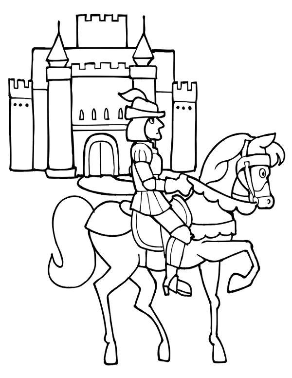 Medieval Castle, : Knight Riding Horse in Front of Medieval Castle Coloring Page