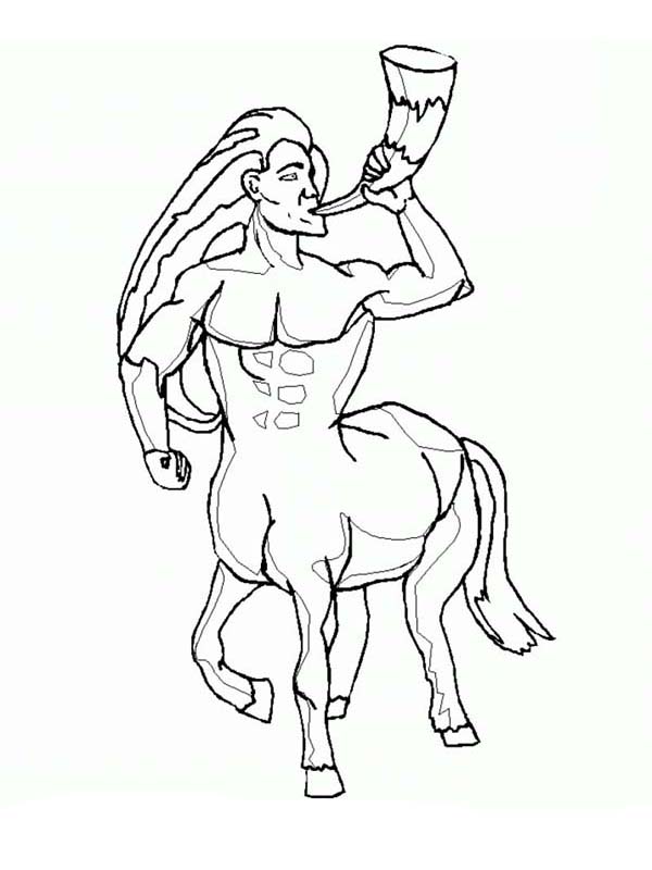 Centaur, : Long Haired Centaur Blowing Horn Coloring Page