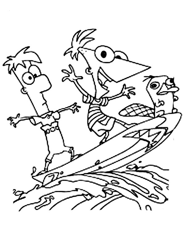 Phineas and Ferb, : Phineas and Ferb and Platypus Surfing Coloring Page