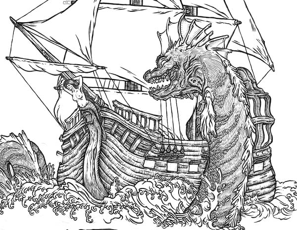 Sea Monster, : Sea Monster Attacking Sailor Coloring Page