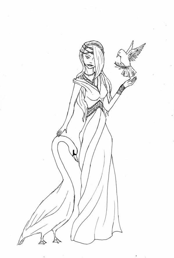 Aphrodite, : Aphrodite with Goose and Bird Coloring Page