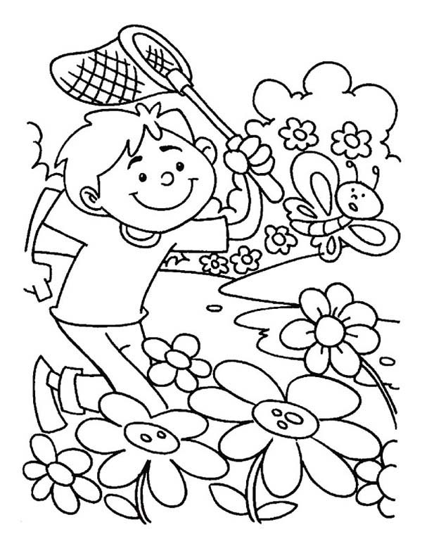 Spring, : Catching Butterfly on Spring Time Coloring Page