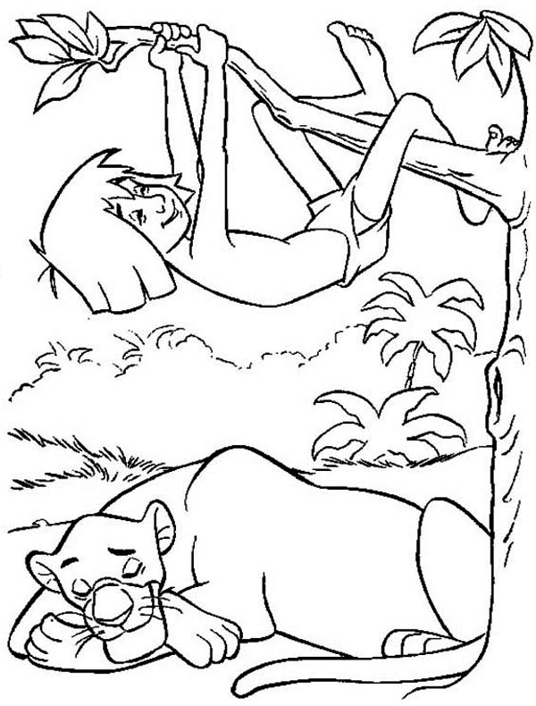 The Jungle Book, : Mowgli Climb a Tree and Bagheera Sleeping in the Jungle Book Coloring Page