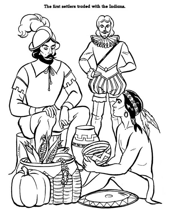 Native American Day, : Native American Trading with European on Native American Day Coloring Page