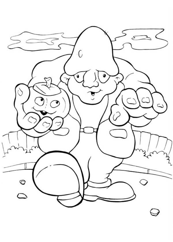 Halloween Day, : Mr Frankenstein with Pumpkin on His Hand on Halloween Day Coloring Page