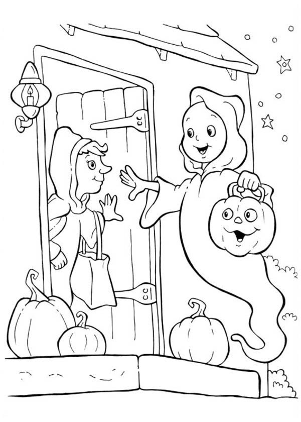 Halloween Day, : White Ghost Trick or Threat on Halloween Day Coloring Page