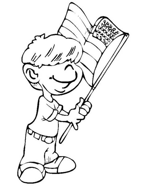 Independence Day, : Kid Waving Flag on Independence Day Coloring Page