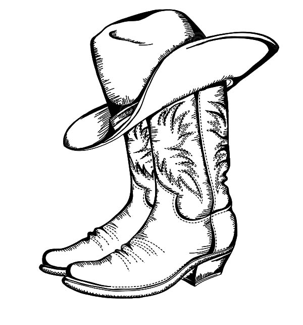 Cowboy Hat, : Cowboy Boots and Hat Coloring Pages