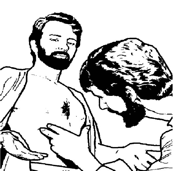 Doubting Thomas, : Doubting Thomas Checking Wound on Jesus Chest Coloring Pages