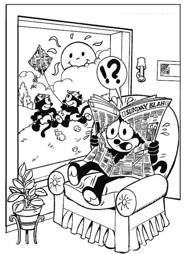 Felix The Cat, : Felix the Cat Read Newspaper with Hole in it Coloring Pages