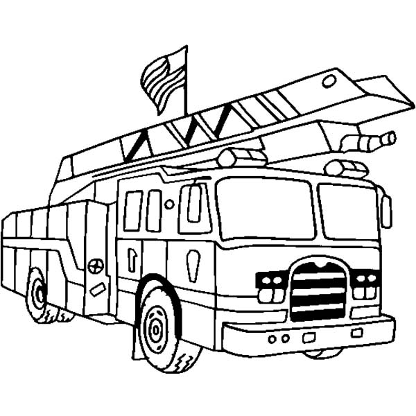 Fire Engine, : Fire Engine with US Flag Coloring Pages