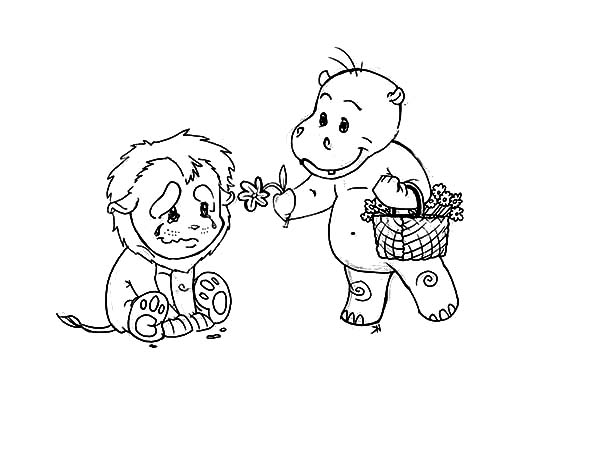 Kindness, : Kindness is Give Flower to Sad Lion Coloring Pages